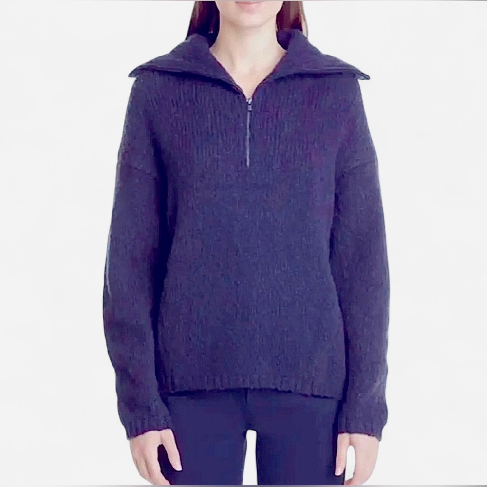 Vince Women’s Quarter Zip Wool Pullover Turtleneck Sweater, Navy, Medium